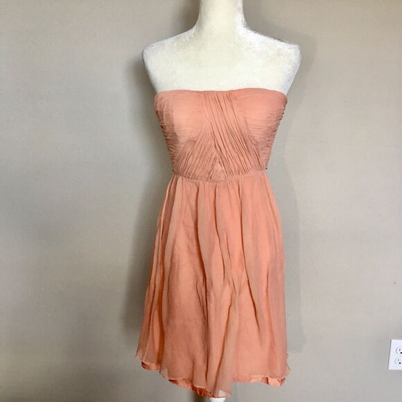 Donna Morgan Sz 2 Orange Coral Pink Dress Strapless Sweetheart Crinkle Silk - Picture 1 of 12
